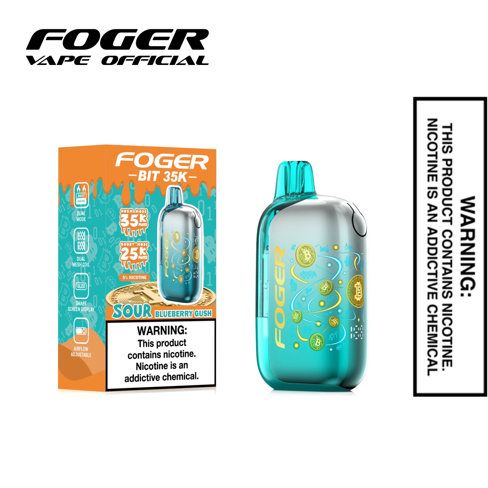 Sour Blueberry Gush Foger Bit 35K disposable vape next to its single unit retail box
