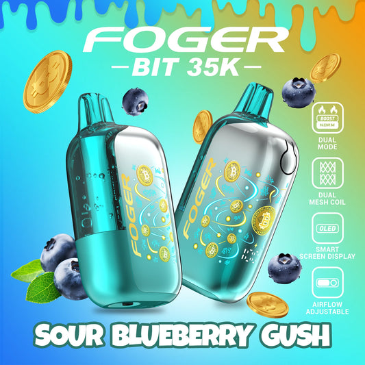 Sour Blueberry Gush Foger Bit 35K disposable vape with blueberries and candy