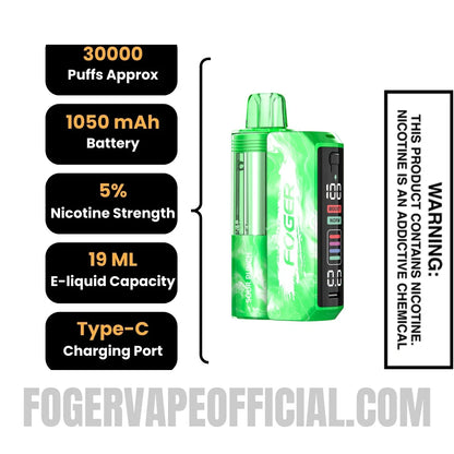 Sour Punch Foger Switch Pro Vape Kit specifications, 30000 puffs, 1050mah battery, 5% nicotine, 19ml e-liquid, Type-C charging