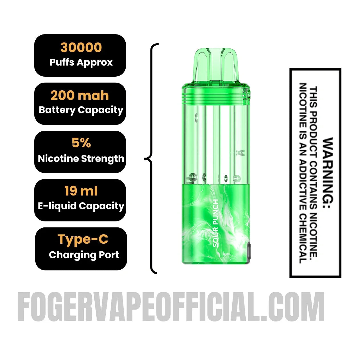 Sour Punch Foger Switch Pro Disposable Pod specifications, 30000 puffs, 200mah battery, 5% nicotine, 19ml e-liquid, Type-C charging