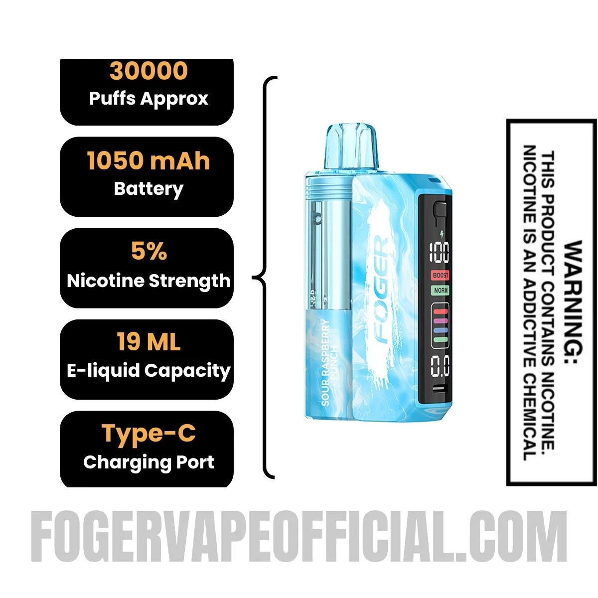 Sour Raspberry Punch Foger Switch Pro Vape Kit specifications, 30000 puffs, 1050mah battery, 5% nicotine, 19ml e-liquid, Type-C charging