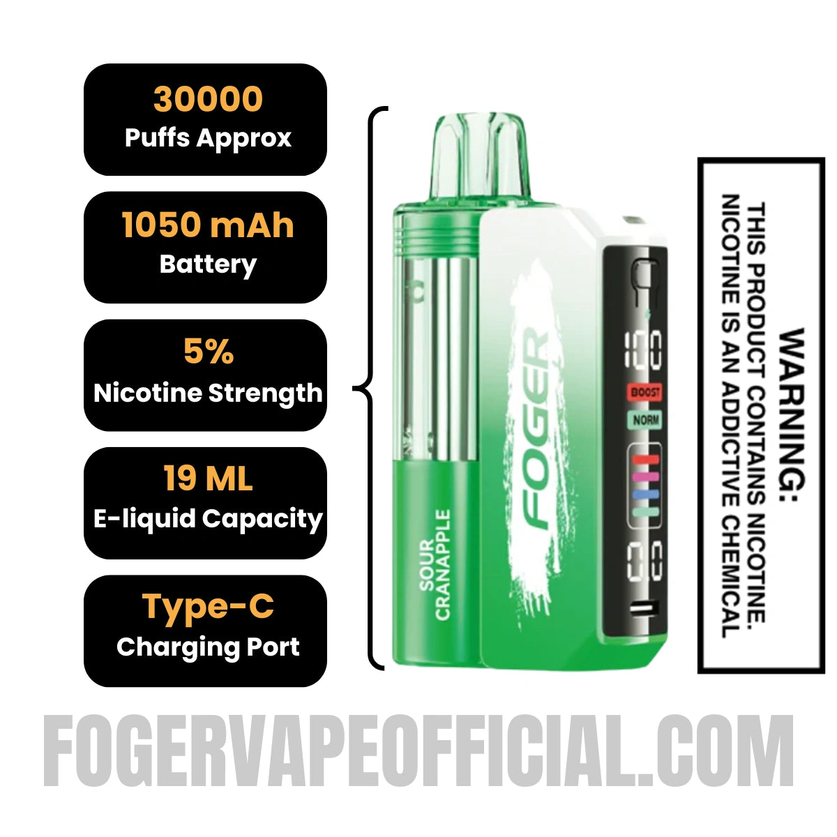 Sour Cranapple Foger Switch Pro Vape Kit 30K Puffs Specifications