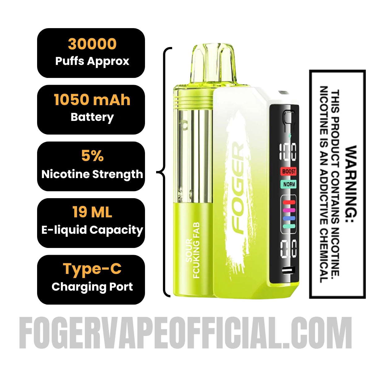 Sour Fcuking Fab Foger Switch Pro Vape Kit 30K Puffs Specifications