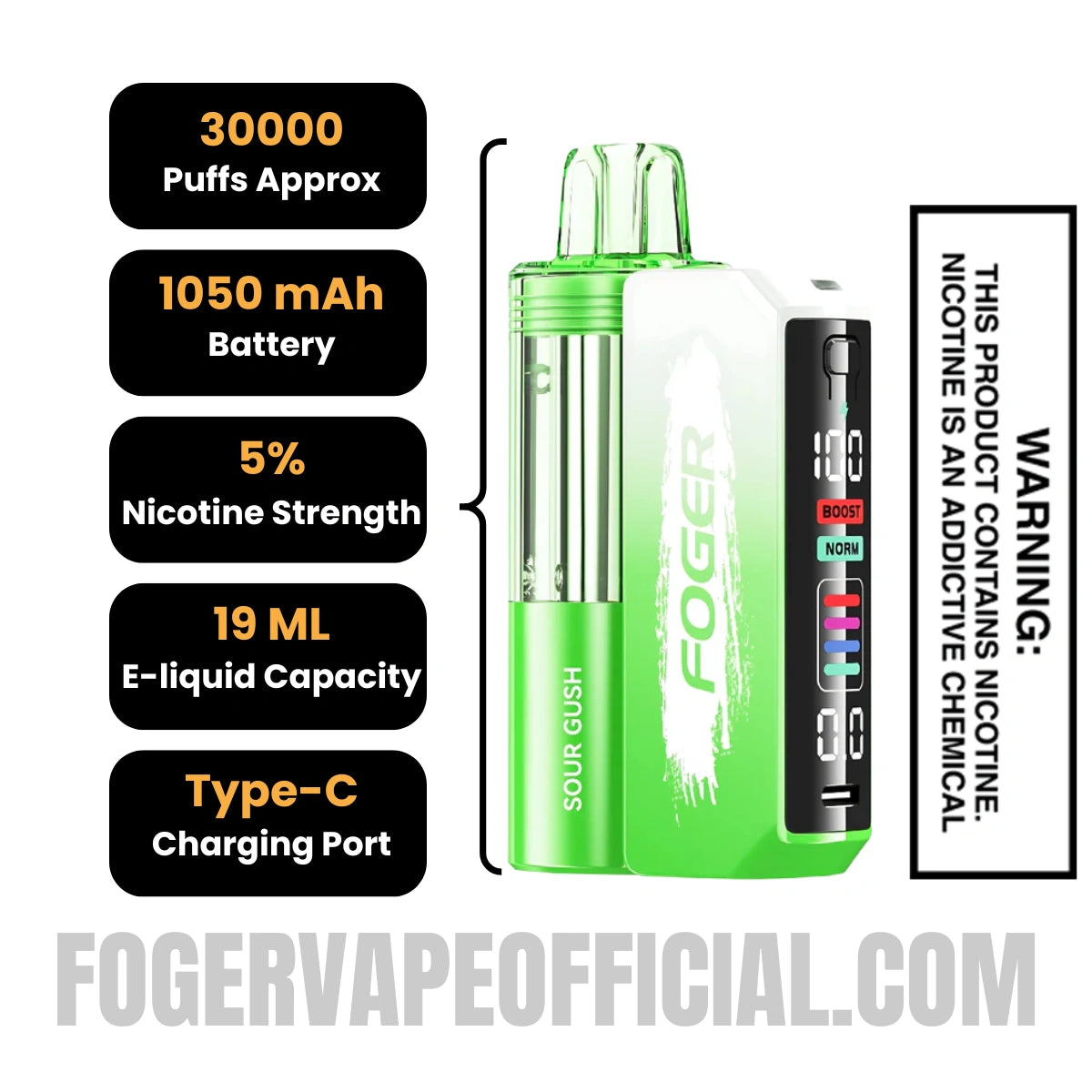 Sour Gush Foger Switch Pro Vape Kit 30K Puffs Specifications