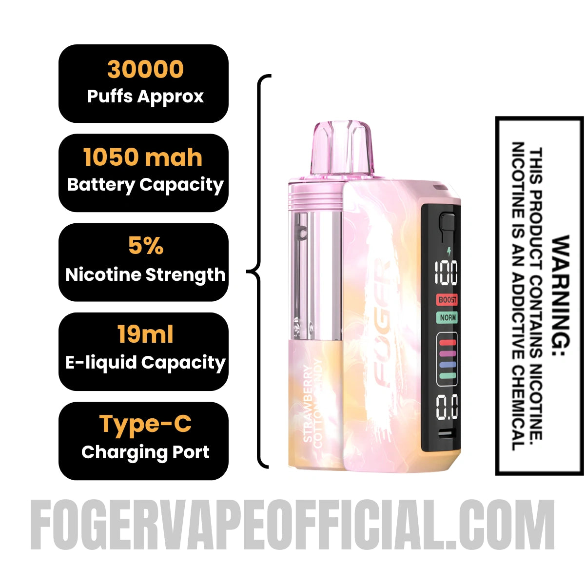 Strawberry Cotton Candy Foger Switch Pro 30K Disposable Vape Kit Specifications 
