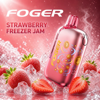 Strawberry Freezer Jam Foger Bit 35K disposable vape with fresh strawberries on ice