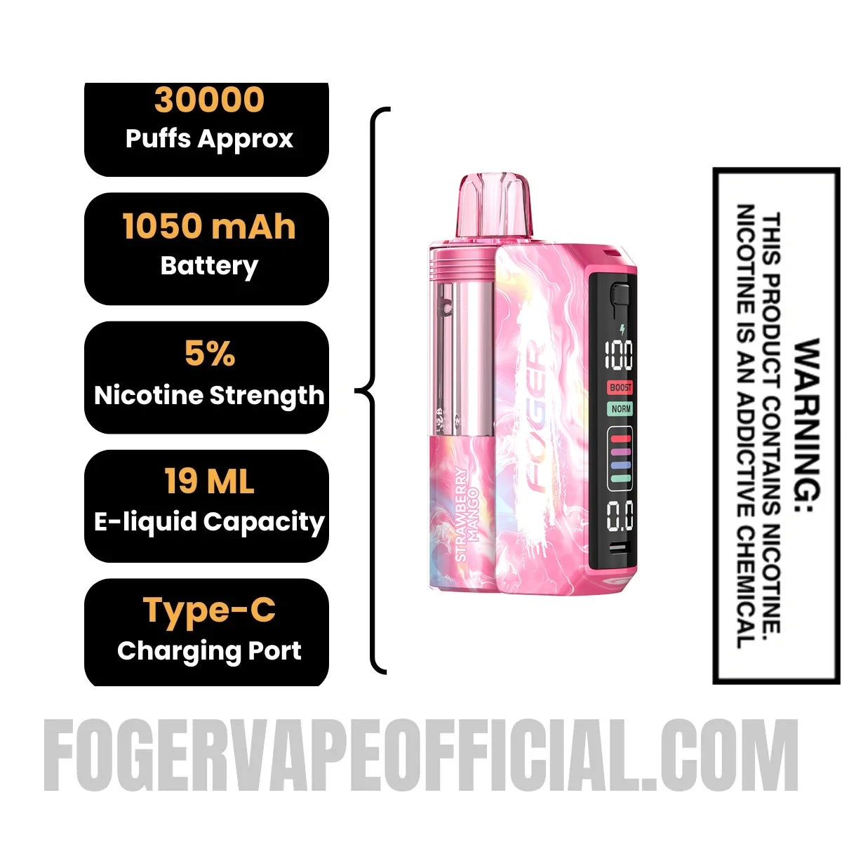 Strawberry Mango Foger Switch Pro Vape Kit specifications, 30000 puffs, 1050mah battery, 5% nicotine, 19ml e-liquid, Type-C charging