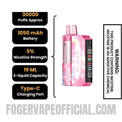 Strawberry Mango Foger Switch Pro Vape Kit specifications, 30000 puffs, 1050mah battery, 5% nicotine, 19ml e-liquid, Type-C charging