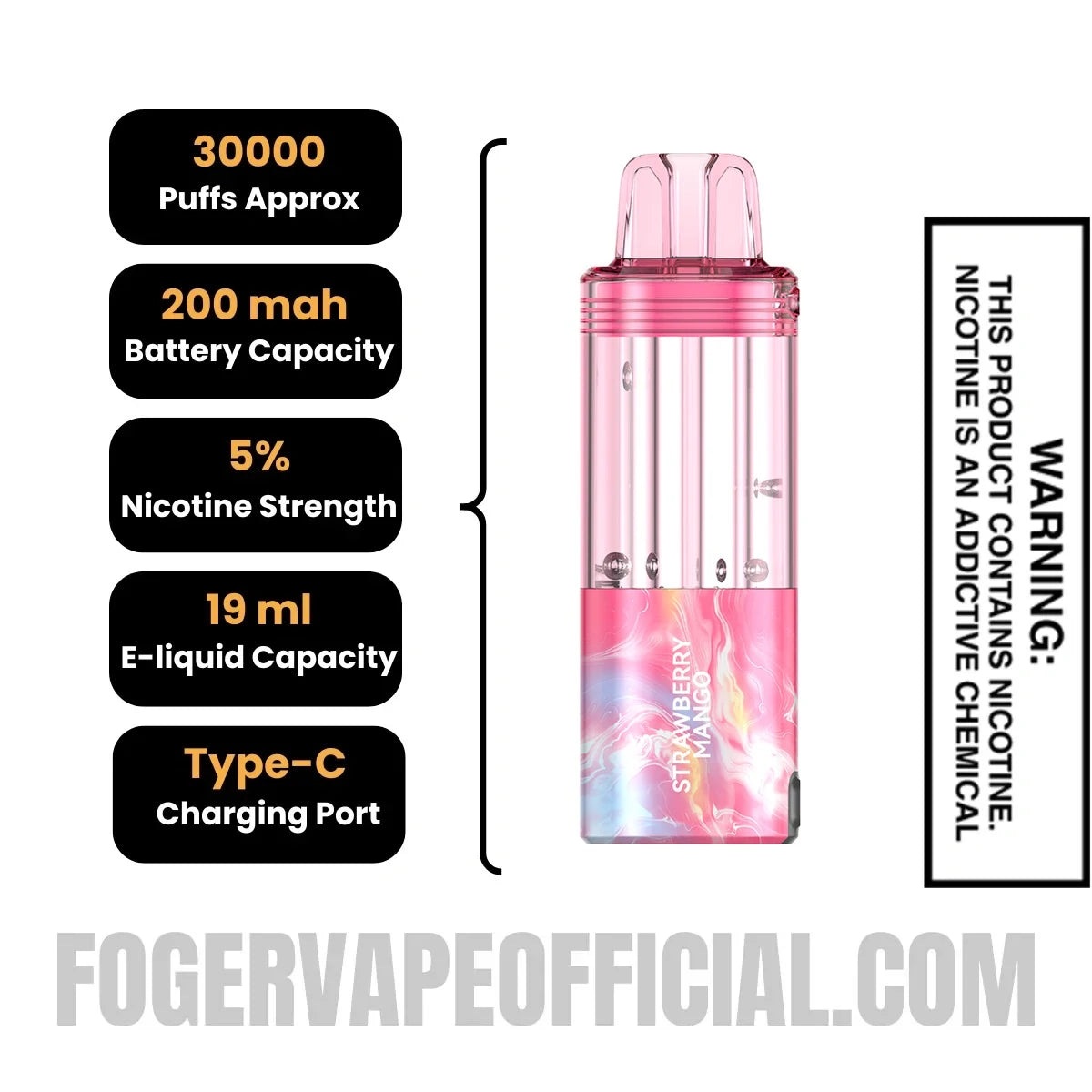 Strawberry Mango Foger Switch Pro Disposable Pod specifications, 30000 puffs, 200mah battery, 5% nicotine, 19ml e-liquid, Type-C charging