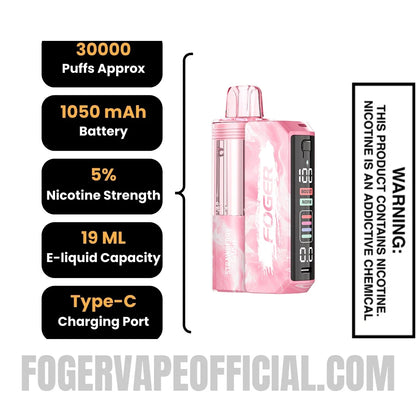 Strawberry Slush Foger Switch Pro Vape Kit specifications, 30000 puffs, 1050mah battery, 5% nicotine, 19ml e-liquid, Type-C charging