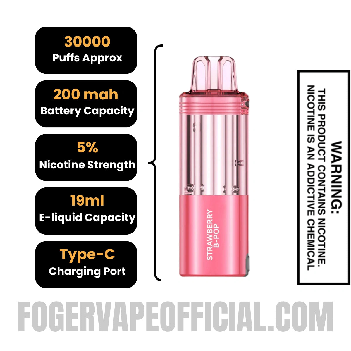 Strawberry B-POP Foger Switch Pro 30K Disposable Pod Specifications