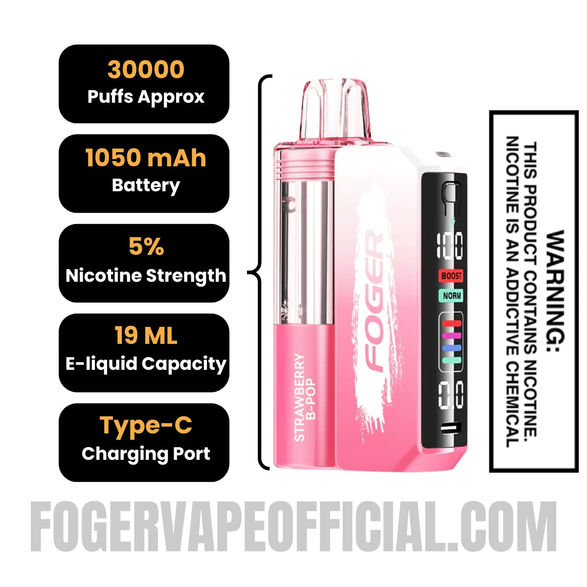 Strawberry B-POP Foger Switch Pro Vape Kit 30K Puffs Specifications 