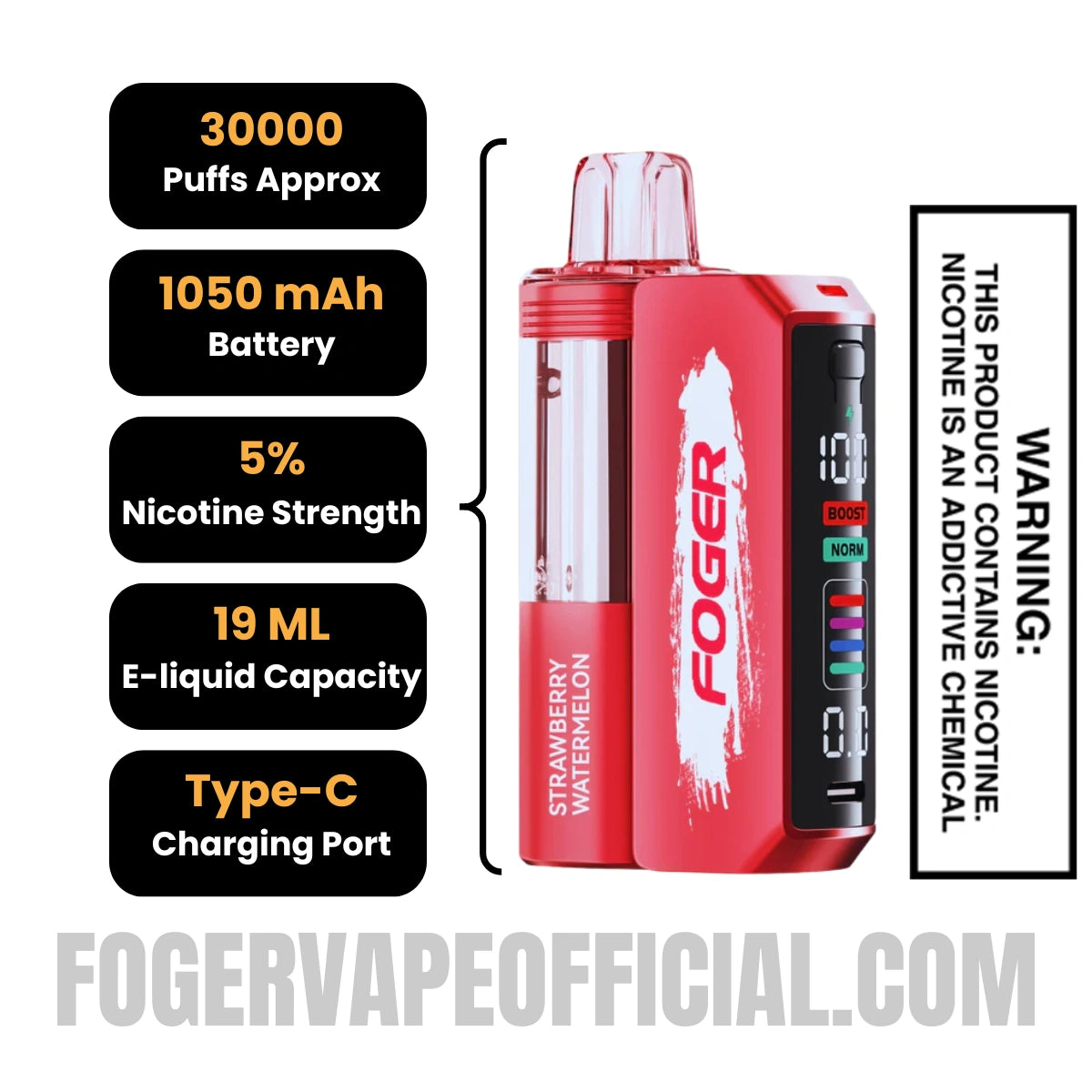 Strawberry Watermelon Foger Switch Pro Vape Kit 30K Puffs Specifications