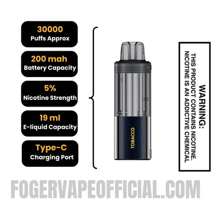 Tobacco Foger Switch Pro 30K Disposable Pod Specifications