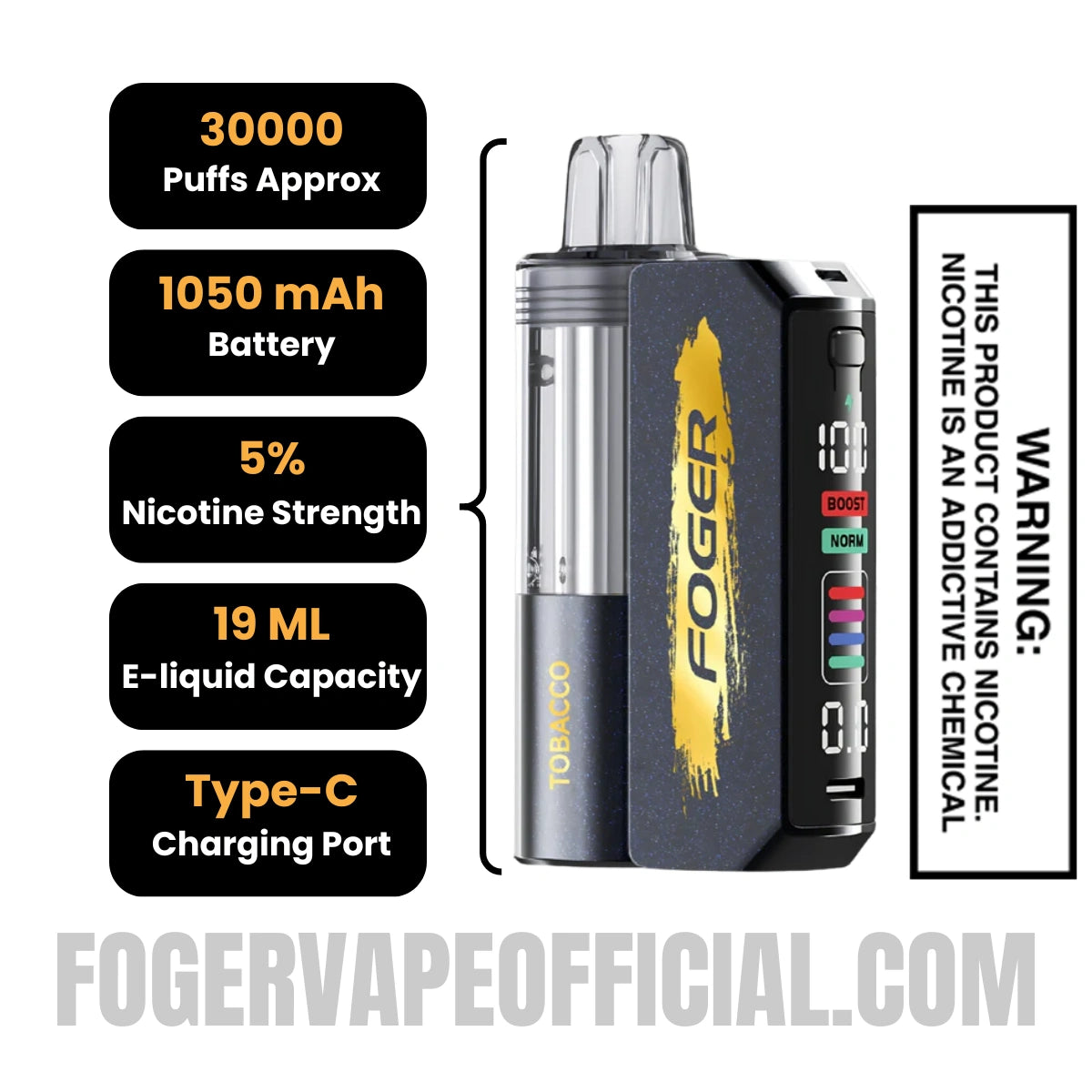 Tobacco Foger Switch Pro Vape Kit 30K Puffs Specifications