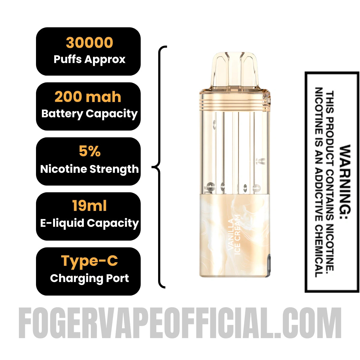 Vanilla Ice Cream Foger Switch Pro 30K Disposable Vape Pod Specifications