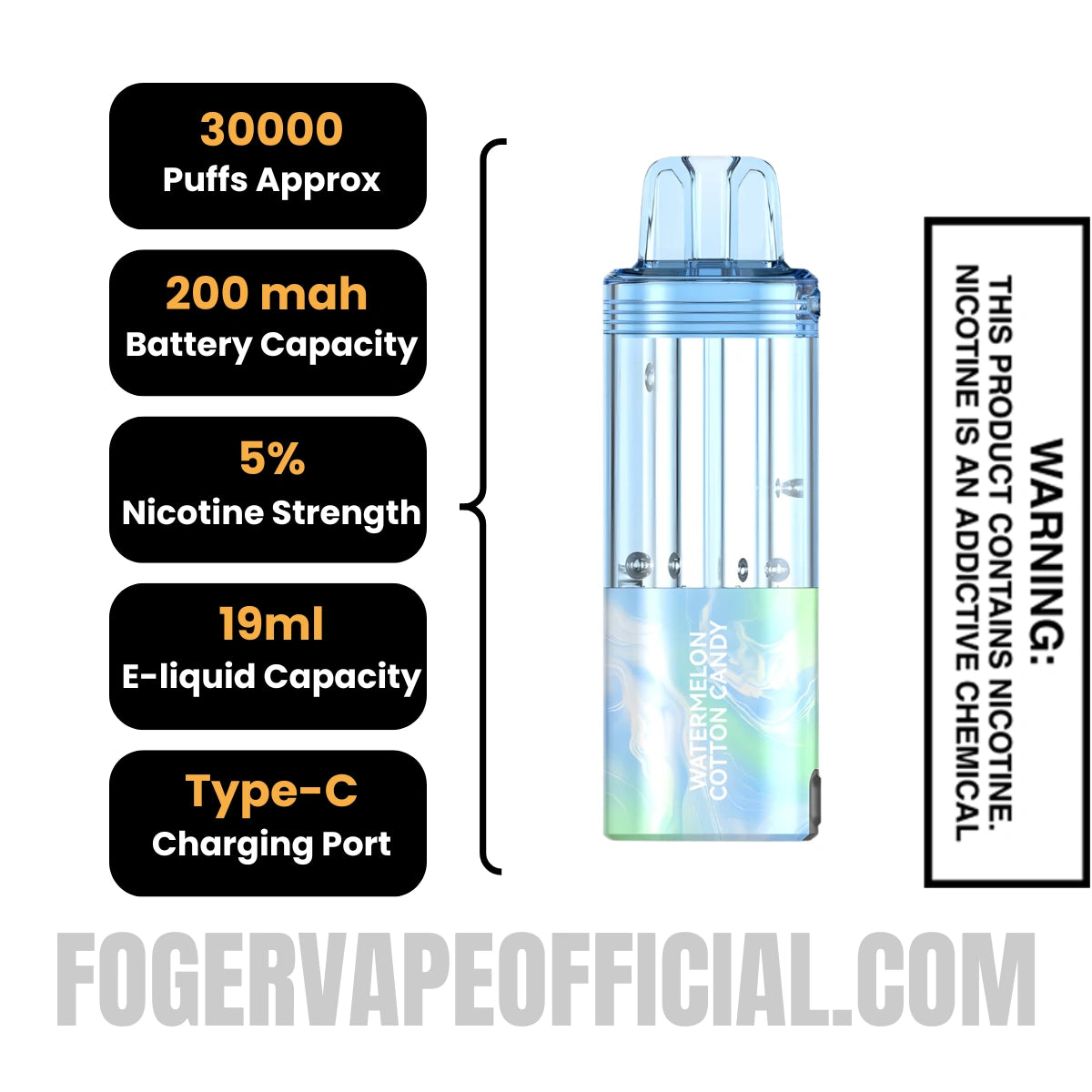 Watermelon Cotton Candy Foger Switch Pro 30K Disposable Vape Pod Specifications 