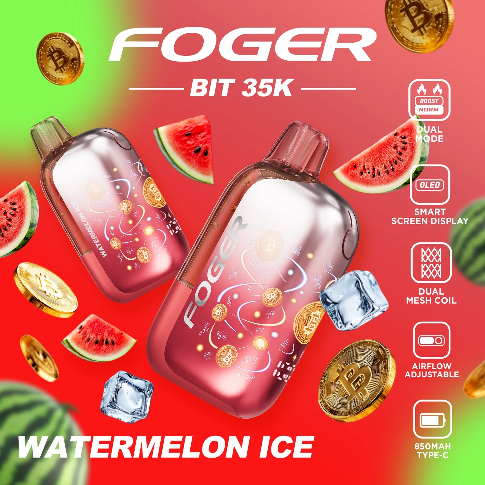Watermelon Ice Foger Bit 35K disposable vape with watermelon slices and ice cubes