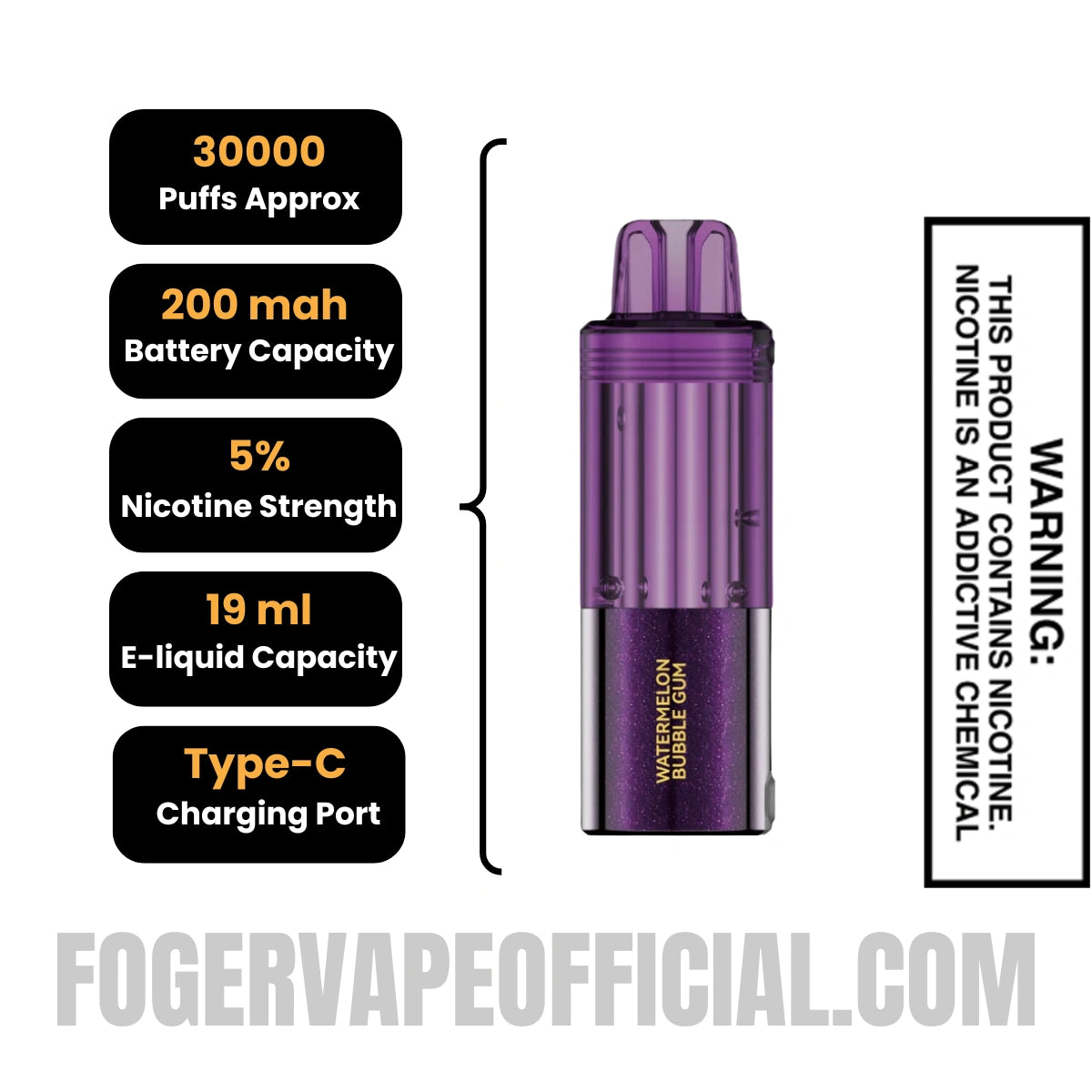 Watermelon Bubble Gum Foger Switch Pro 30K Disposable Pod Specifications