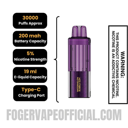 Watermelon Bubble Gum Foger Switch Pro 30K Disposable Pod Specifications