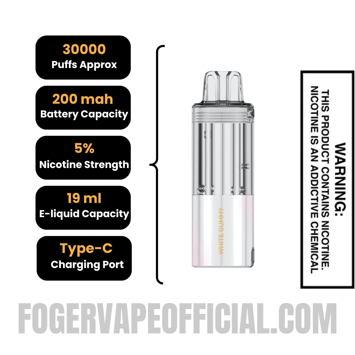 White Gummy Foger Switch Pro 30K Disposable Pod Specifications
