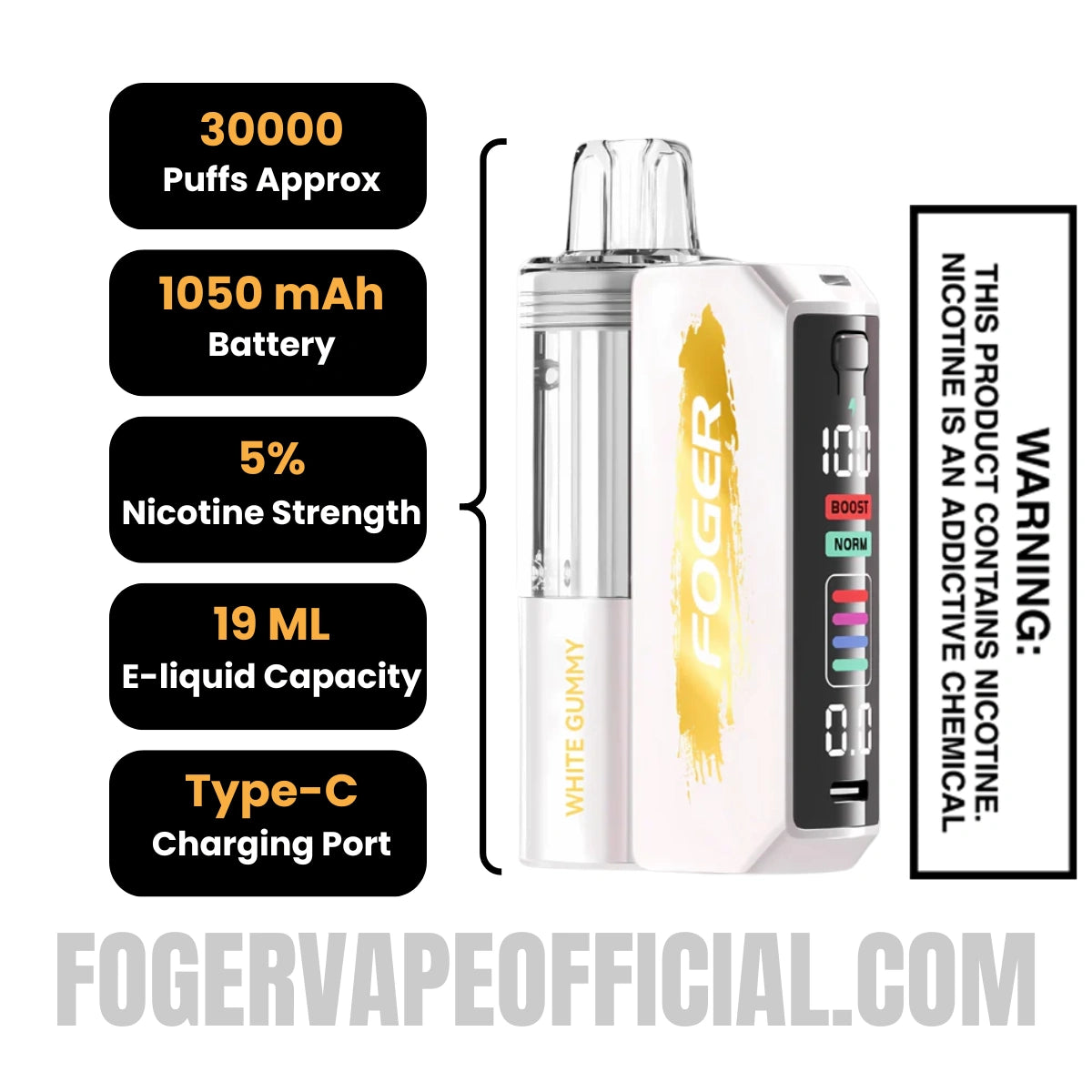 White Gummy Foger Switch Pro Vape Kit 30K Puffs Specifications