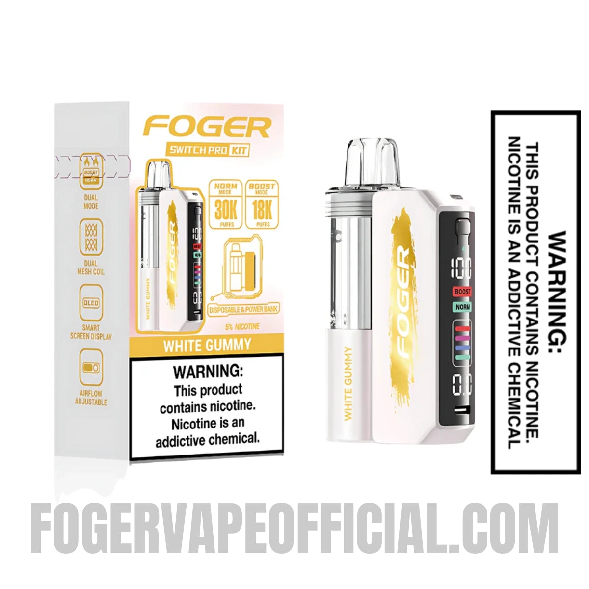 White Gummy Foger Switch Pro Vape Kit 30K Puffs With Package Box